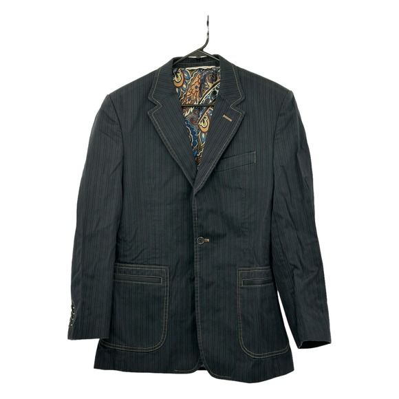 Perry Ellis Jacket Mens 40R Blazer Sport Coat Navy Gray Pinstripe Denim Cotton - Picture 1 of 6